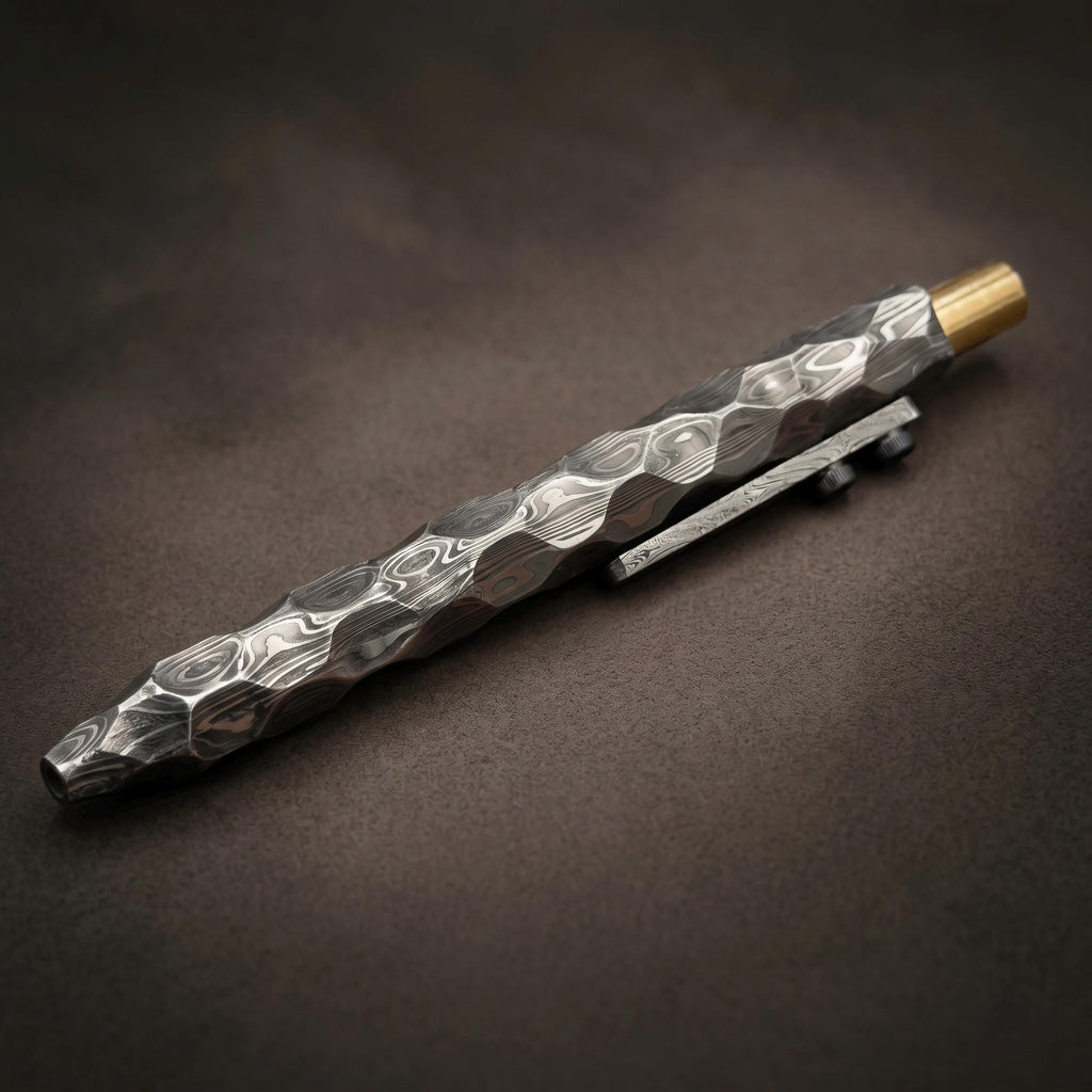 Damascus Steel Hexagonal Ballpoint Pen — Hammered Faces