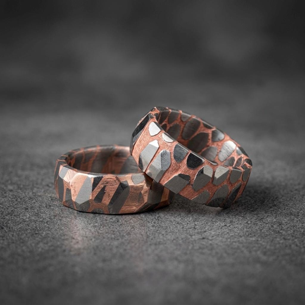 Faceted Superconductor His & Hers Ring Set — Copper Niobium Honeycomb
