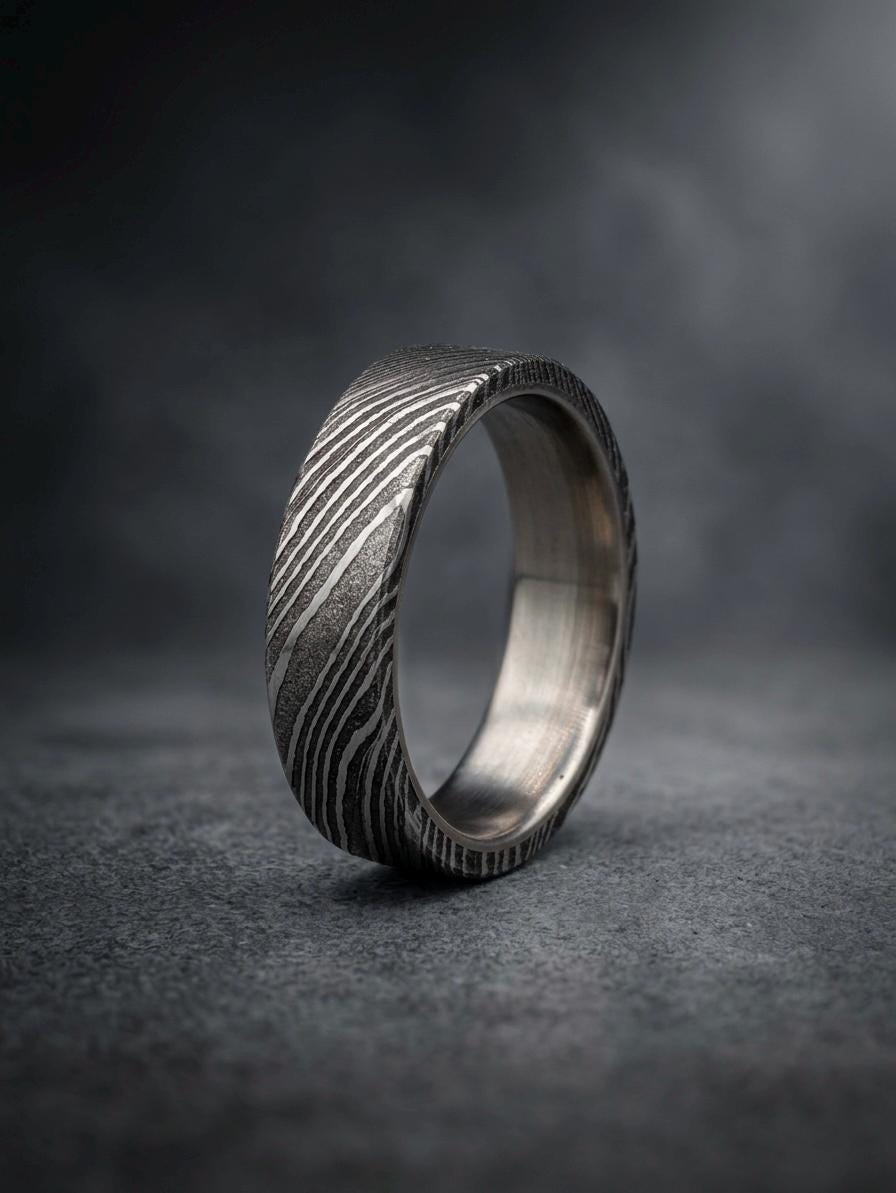 Damascus Steel Wedding Band — Titanium Inner Sleeve, view 4