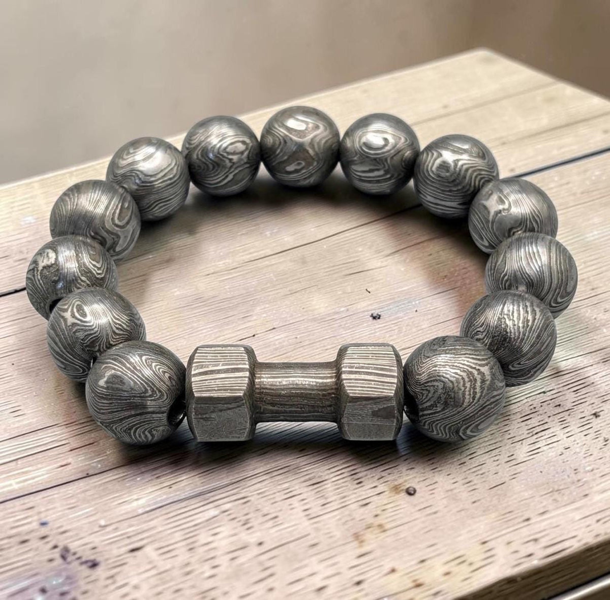 Damascus Steel Beaded Bracelet, Dumbbell Style, 12 mm Beads