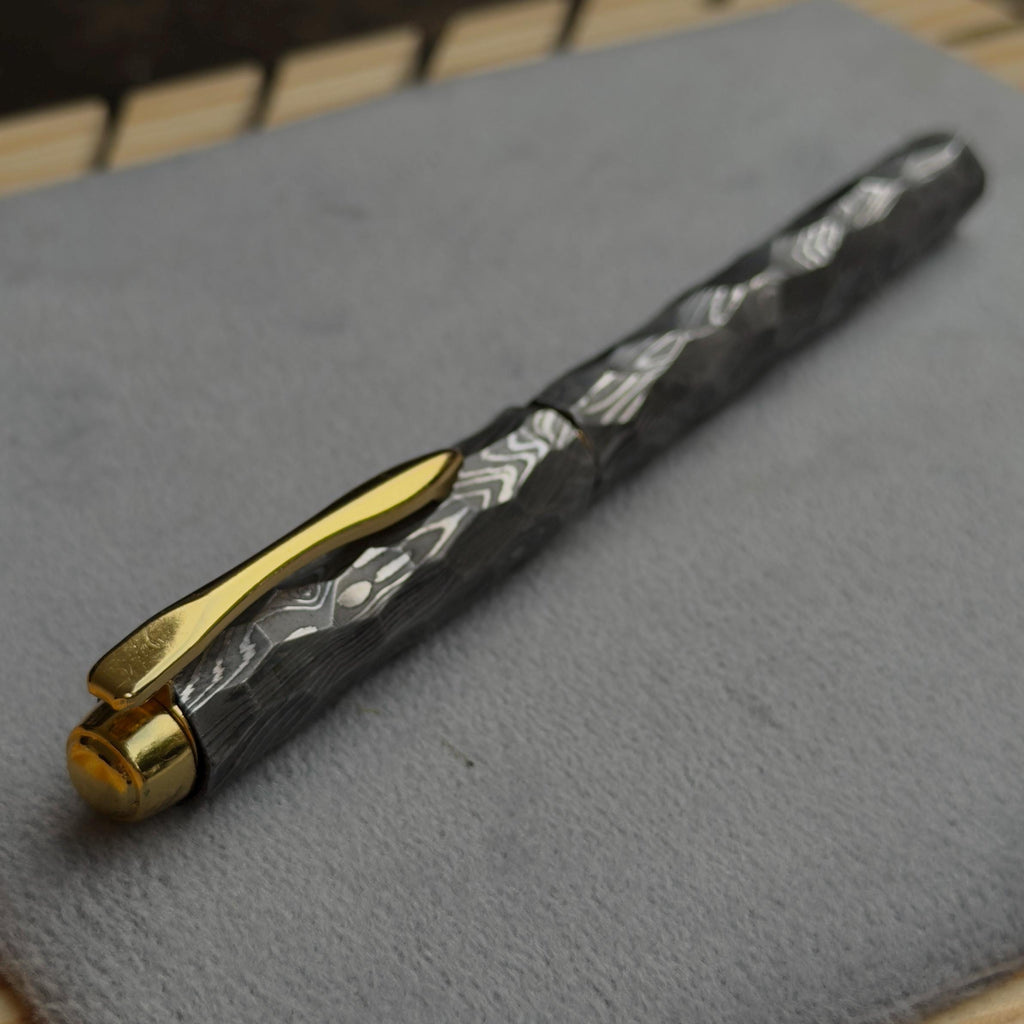 Damascus steel fountain pen nib section, personalized engraving on clip