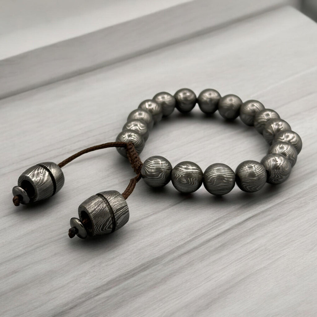 Damascus Steel Beaded Bracelet — Adjustable Viking Cuff, 18 Beads
