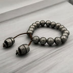 Damascus Steel Beaded Bracelet — Adjustable Viking Cuff, 18 Beads