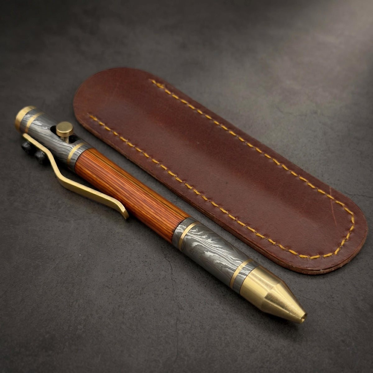 Damascus Steel Whiskey Barrel Pen with Leather Case — Click Action