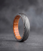 Damascus Steel Wedding Band — Whiskey Barrel Wood Inlay