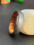Damascus Steel Wedding Band — Whiskey Barrel Wood Inlay