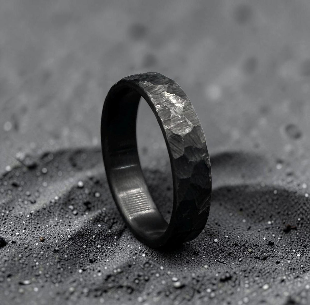 Zirconium Wedding Band — Black Hammered Finish