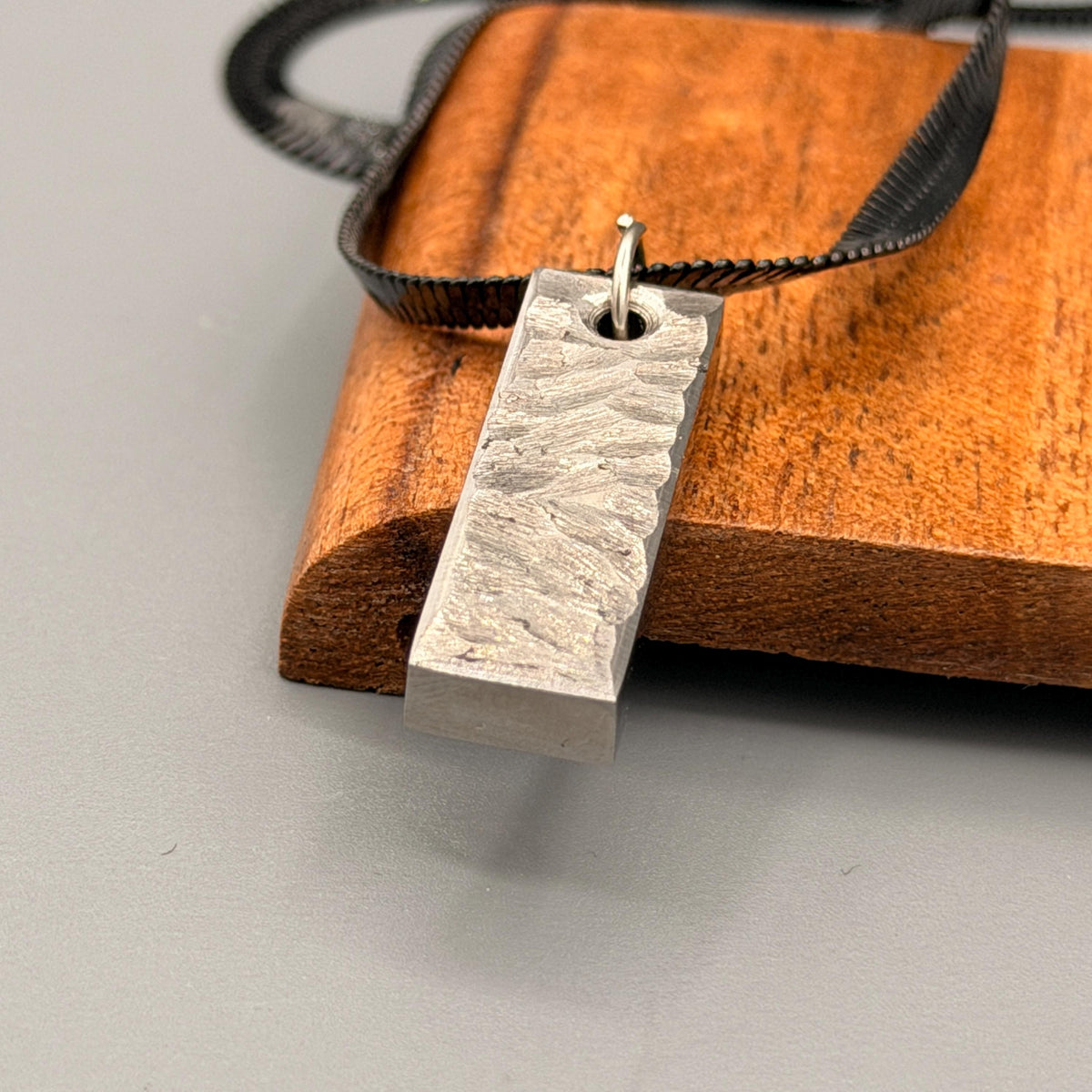 Grade 5 Titanium Bar Pendant with Silver Chain — Hammered Finish