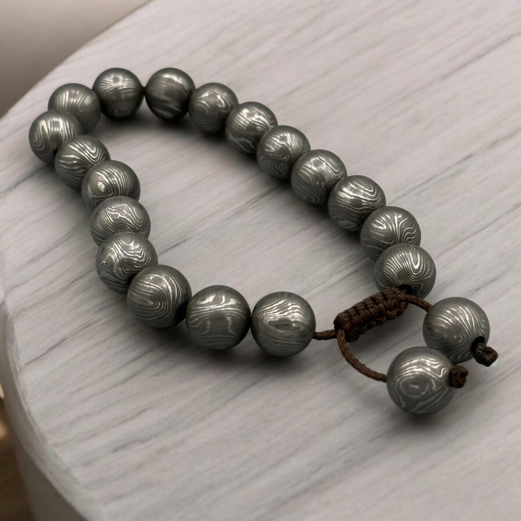 Damascus Steel Beaded Bracelet, Adjustable Viking Cuff, 12 mm Beads
