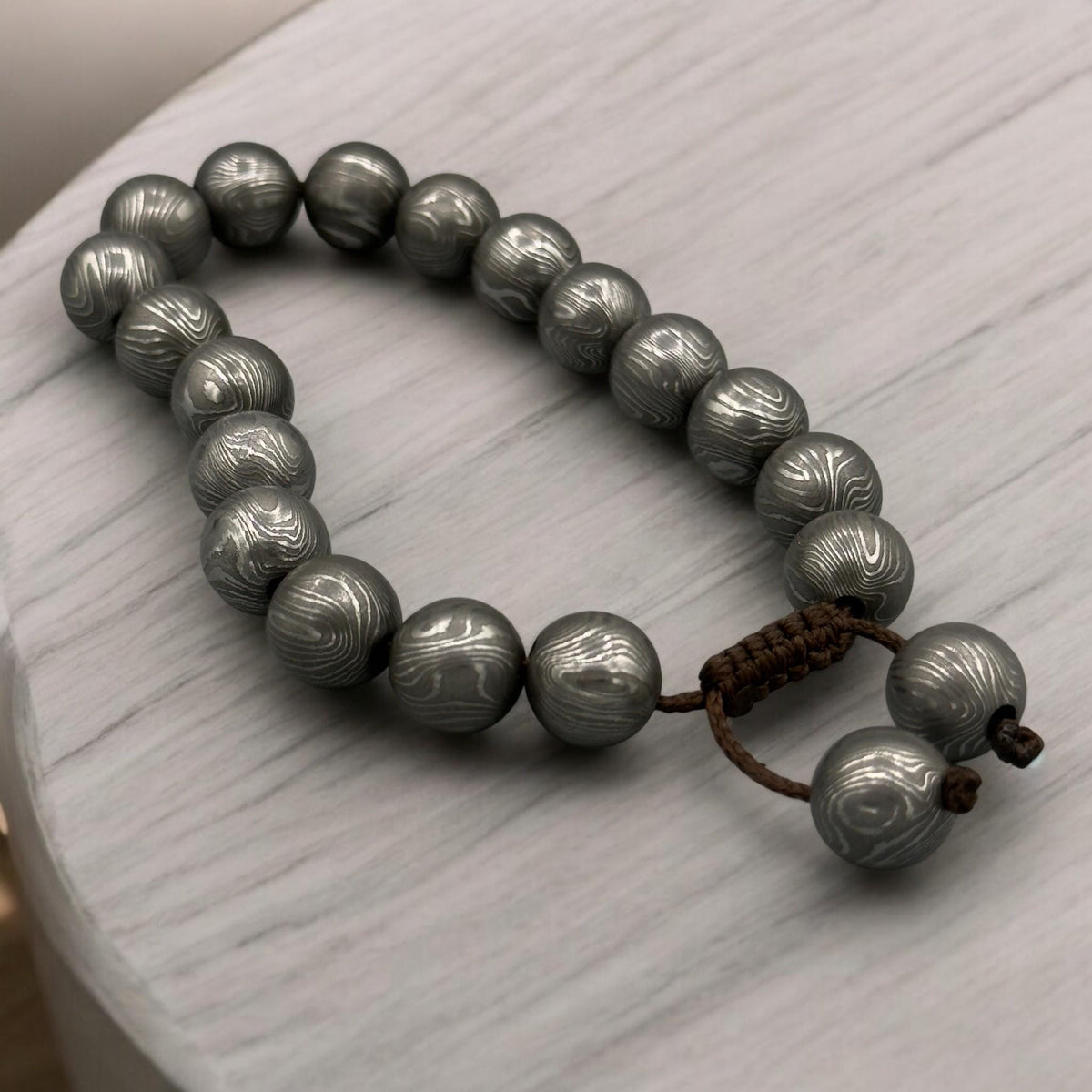Damascus Steel Beaded Bracelet, Adjustable Viking Cuff, 12 mm Beads