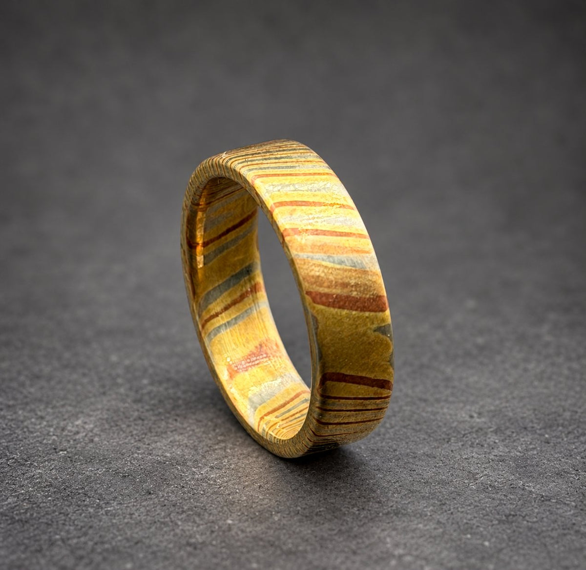 Close-up of mokume gane ring showing diffusion-bonded copper brass silver layers