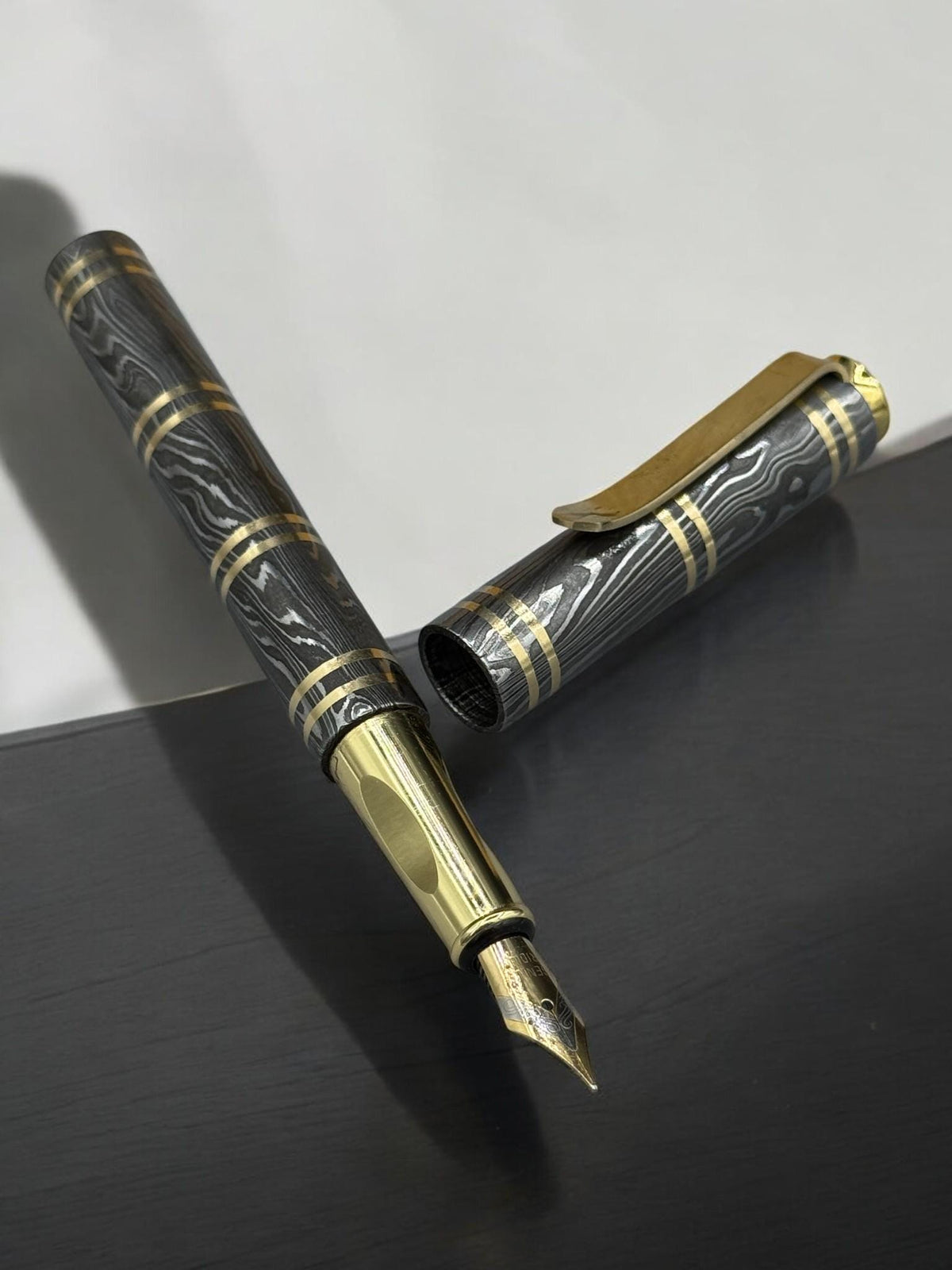 Damascus Steel Fountain Pen with Copper Clip