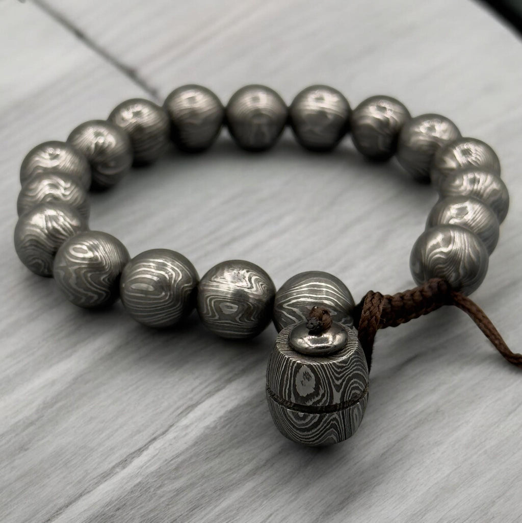 Damascus Steel Beaded Bracelet — Adjustable Viking Cuff, 18 Beads