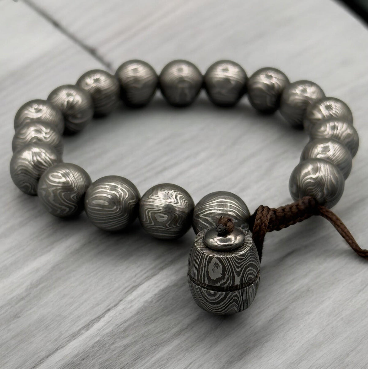 Damascus Steel Beaded Bracelet — Adjustable Viking Cuff, 18 Beads