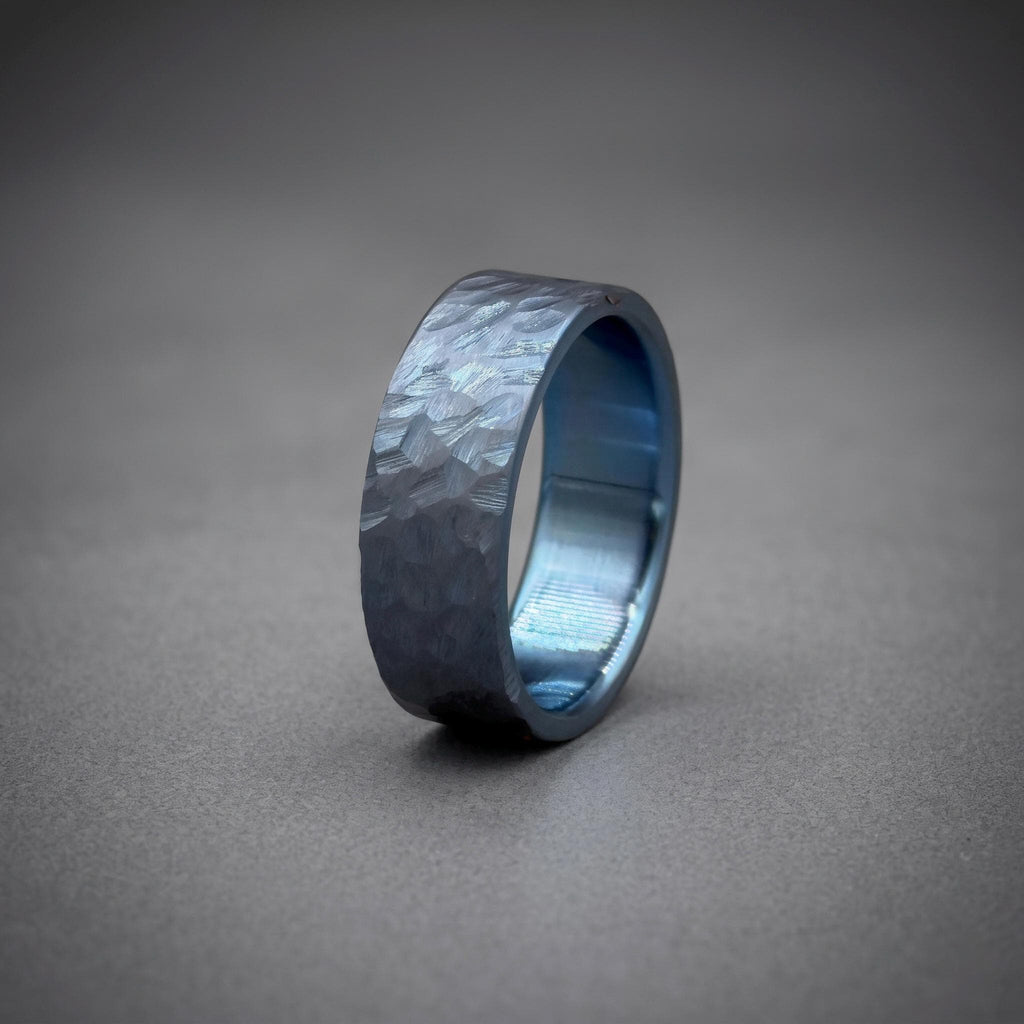 Iced Blue Titanium Wedding Band — Hammered Texture