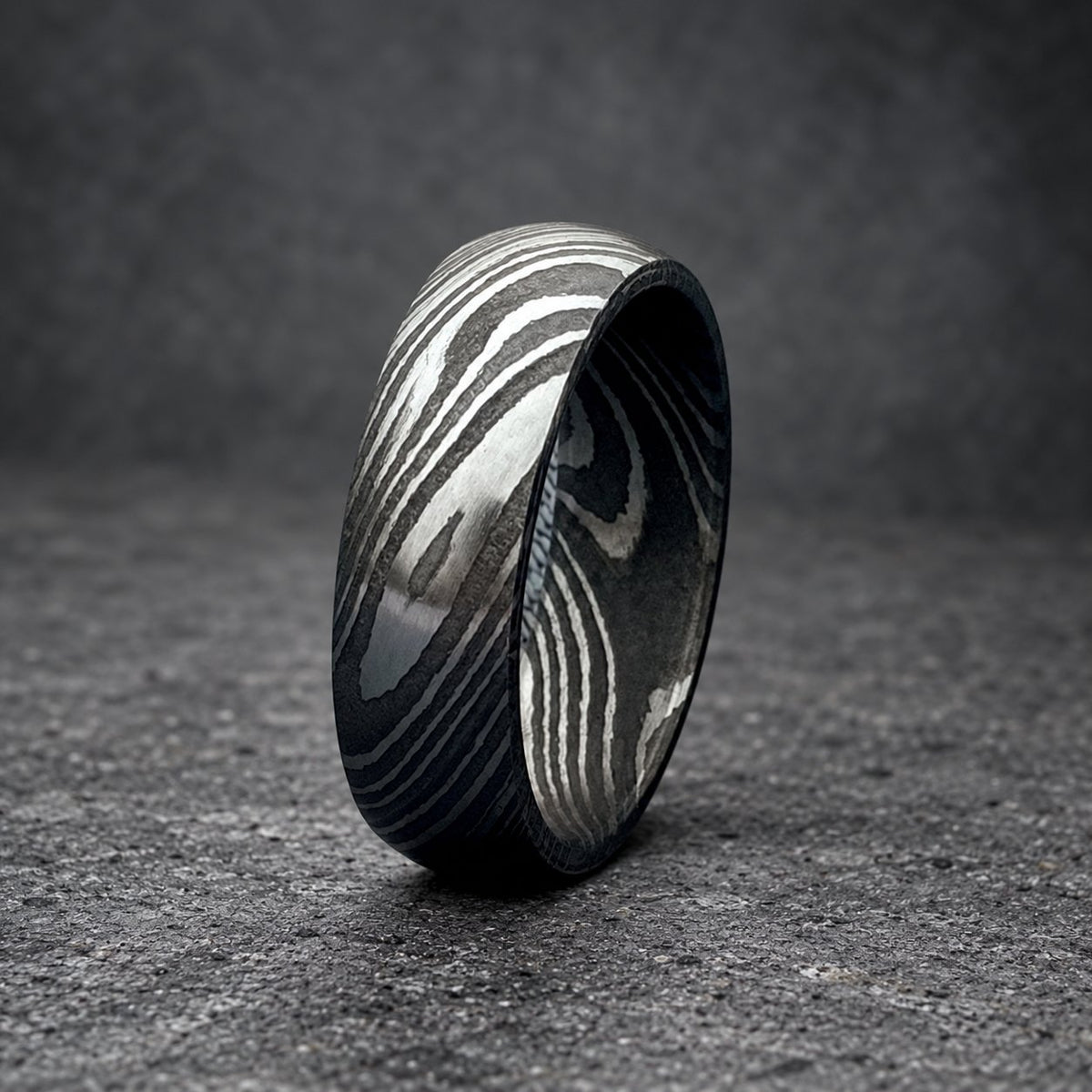 Damascus Steel Wedding Band, 6 mm Domed — Deep Pattern, view 2