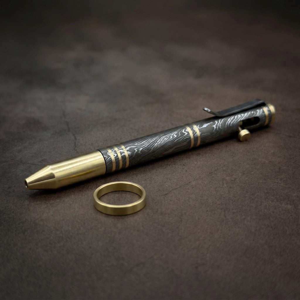 Damascus Steel Bolt Action Pen with Forged Desk Holder