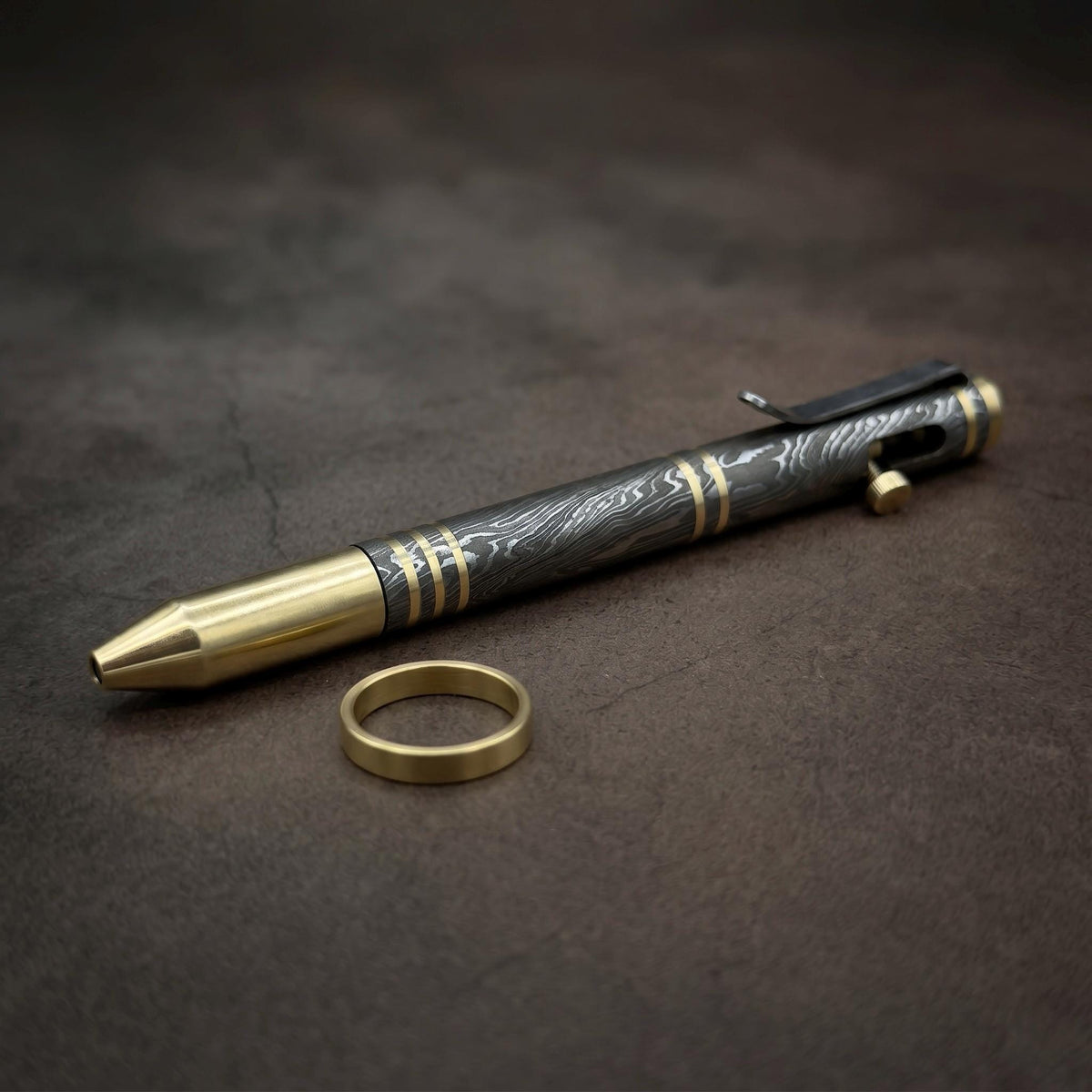 Damascus Steel Bolt Action Pen with Forged Desk Holder