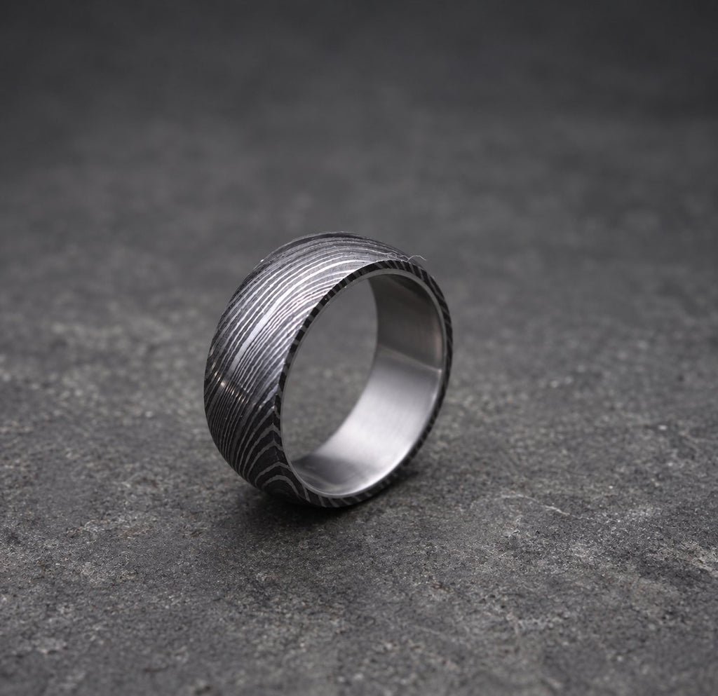 Damascus Steel Wedding Band with Titanium Inlay, view 6