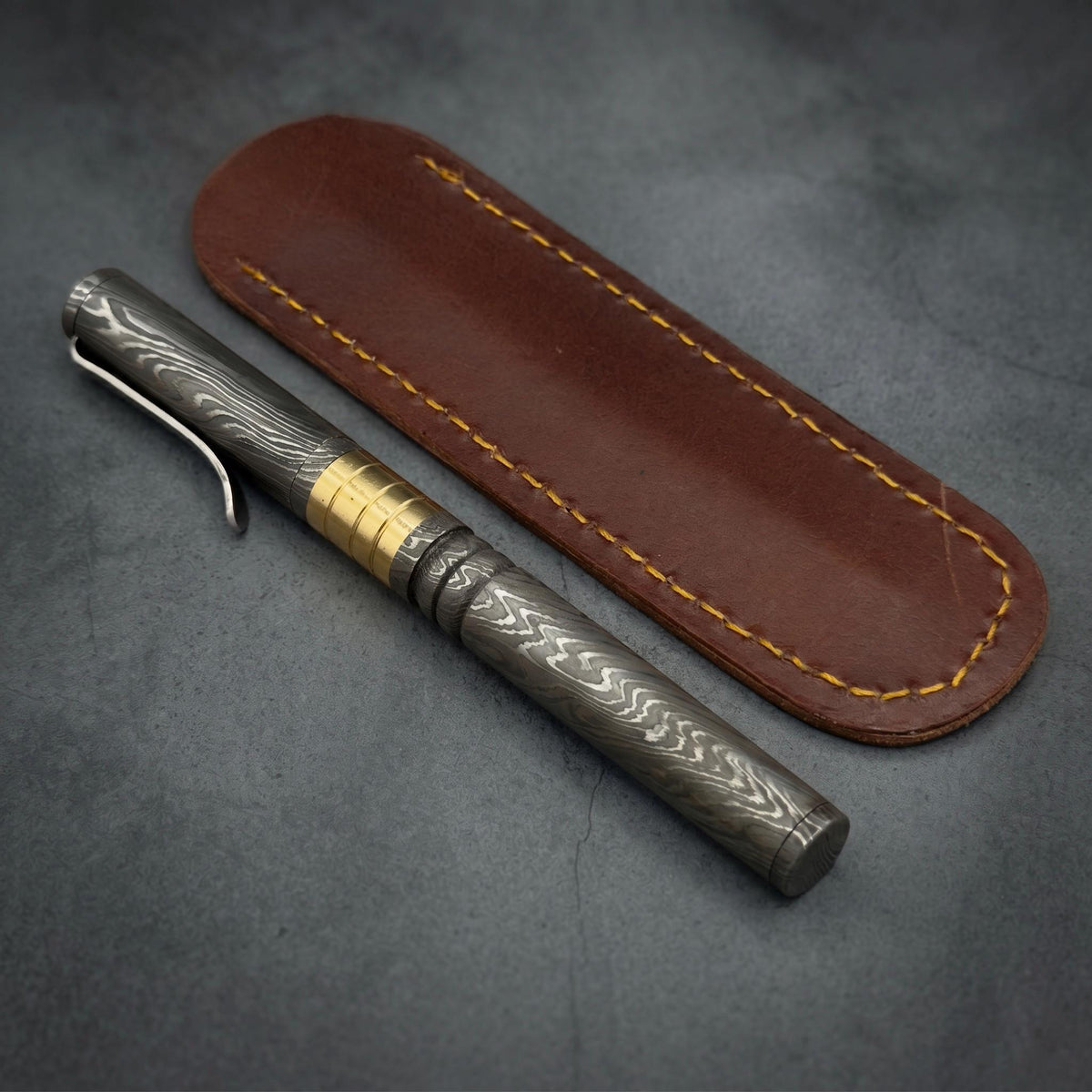 Damascus Steel Ballpoint Pen with Brass Banded Grip