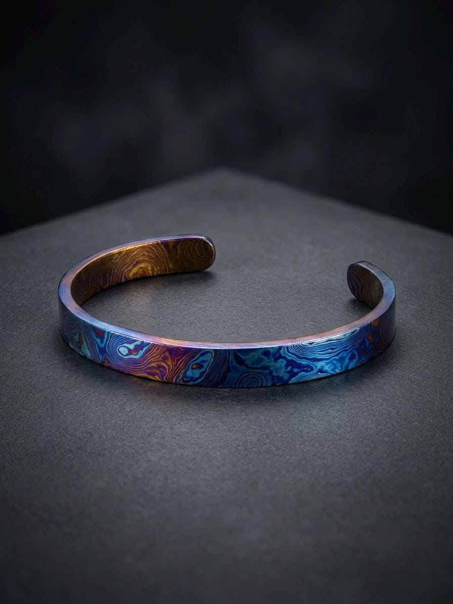 Timascus Cuff Bracelet, 8 mm — Titanium Mokume Viking Bangle