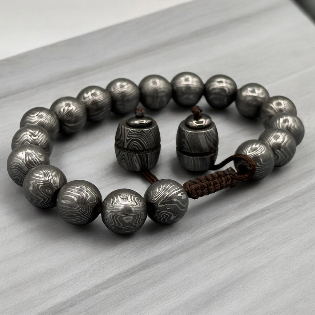 Damascus Steel Beaded Bracelet — Adjustable Viking Cuff, 18 Beads
