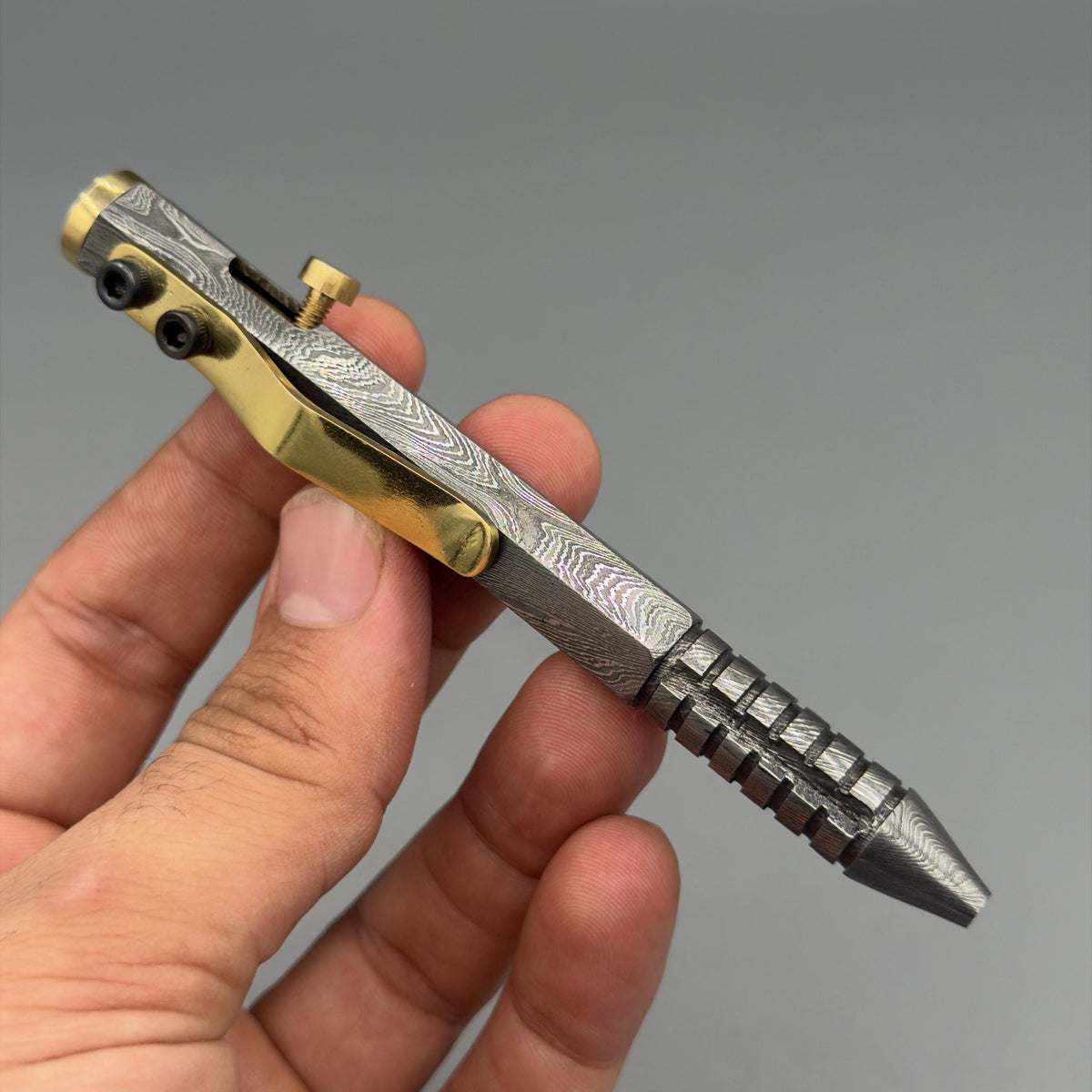 Damascus Steel Hexagonal Bolt Action Pen — Knurled Grip