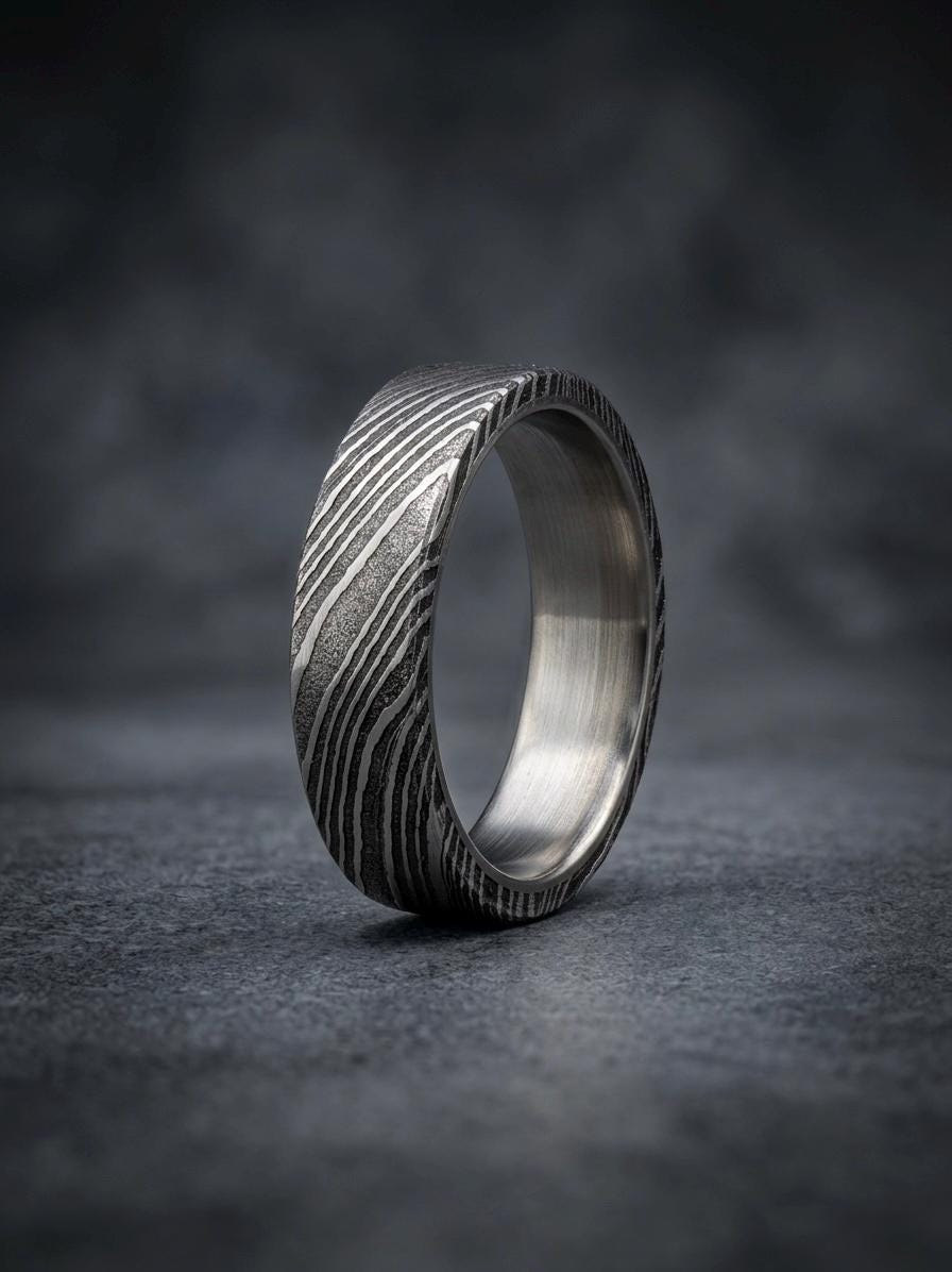 Damascus Steel Wedding Band — Titanium Inner Sleeve