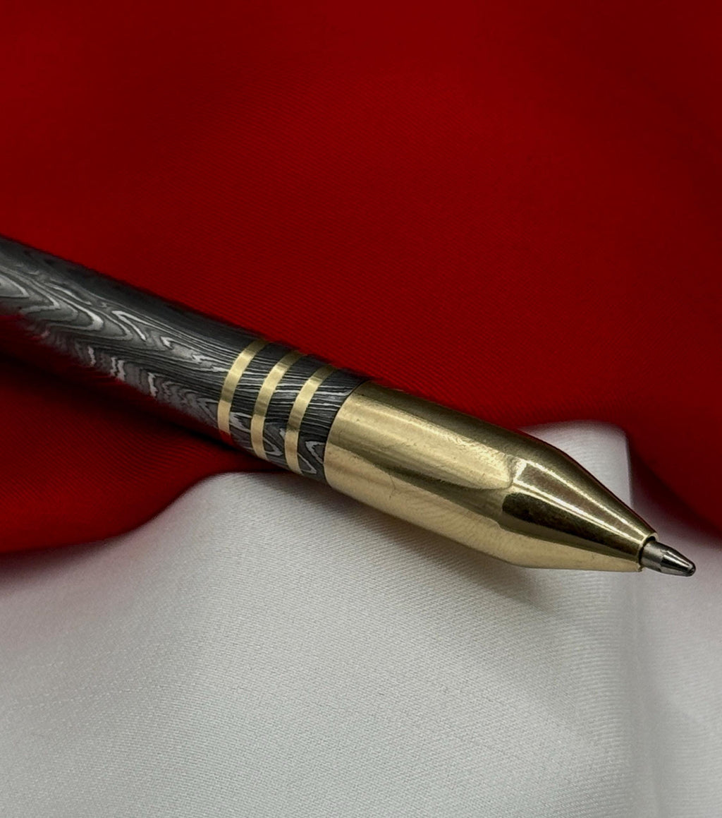 Damascus Steel Bolt Action Pen — Polished Barrel, Brass Tip