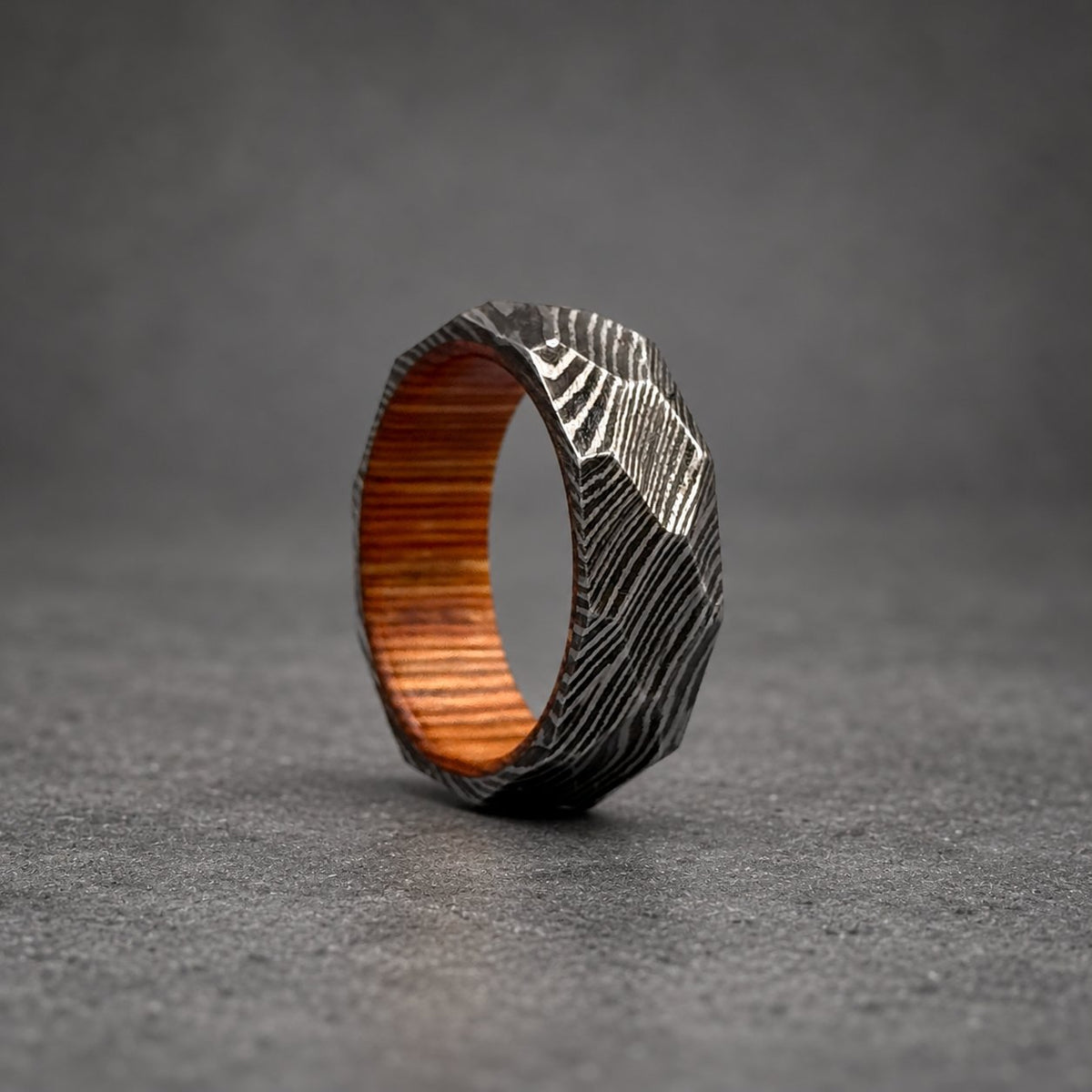 Damascus Steel Wedding Band — Hammered Whiskey Barrel Wood Sleeve, view 6