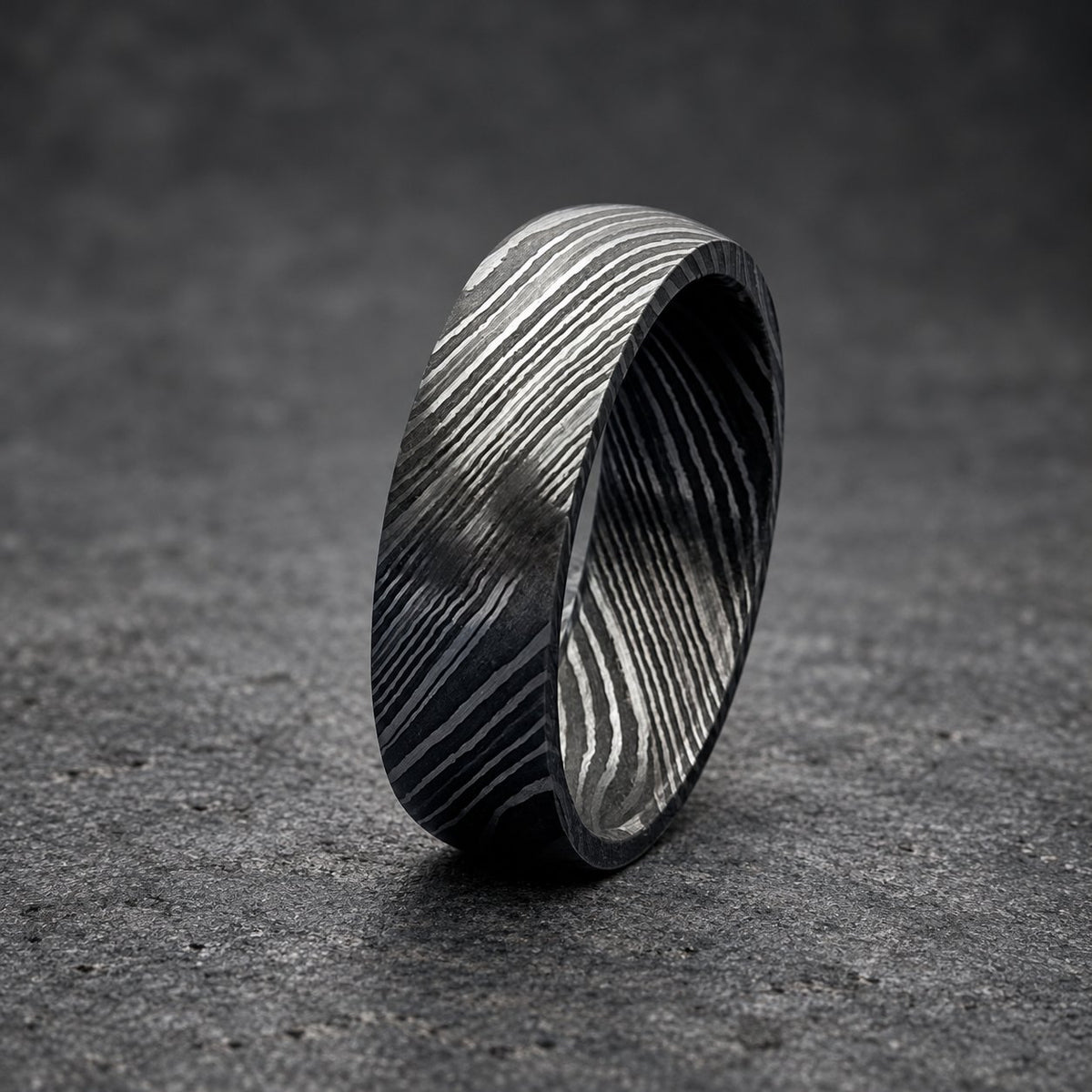 Damascus Steel Wedding Band, 6 mm Domed — Deep Pattern, view 4