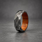 Damascus Steel Wedding Band — Hammered Whiskey Barrel Wood Sleeve, view 2