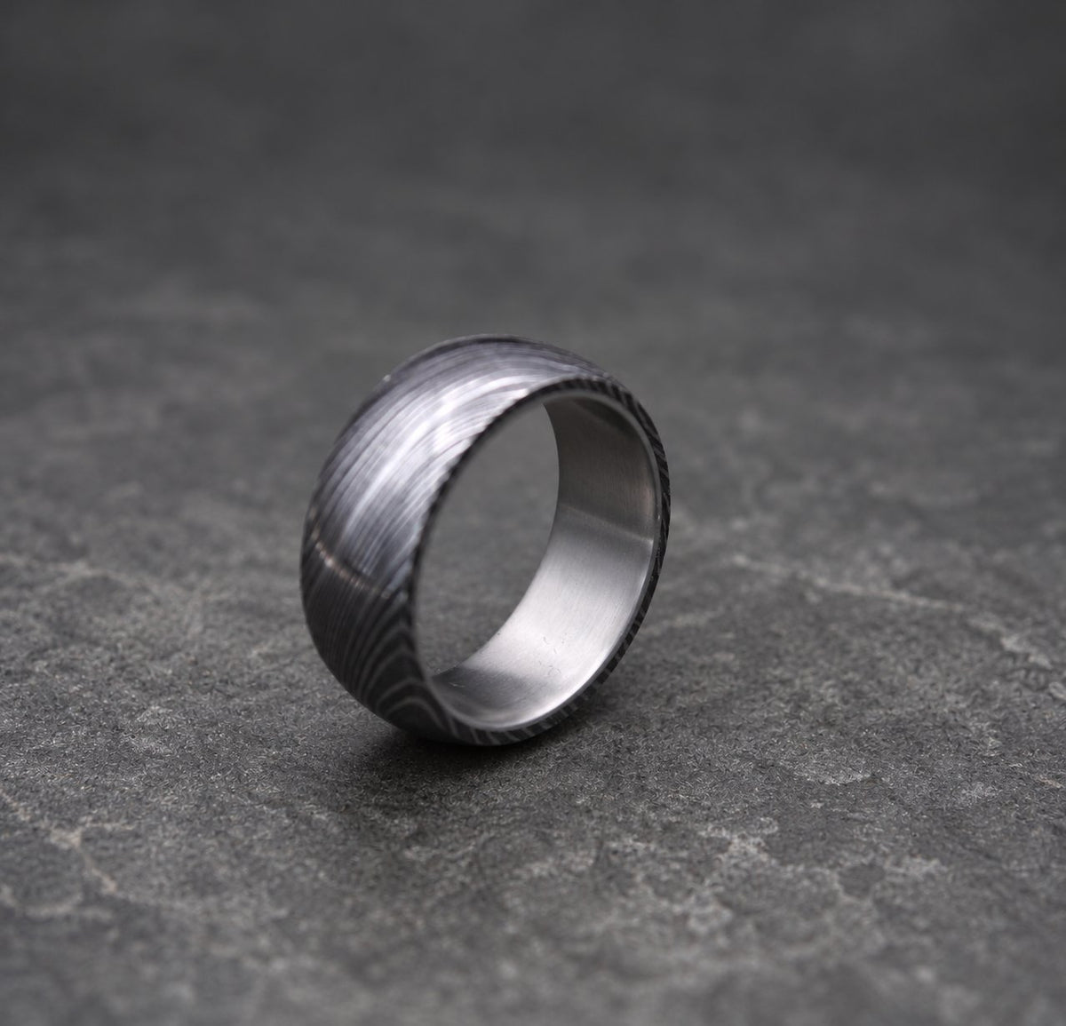 Damascus Steel Wedding Band with Titanium Inlay, view 4