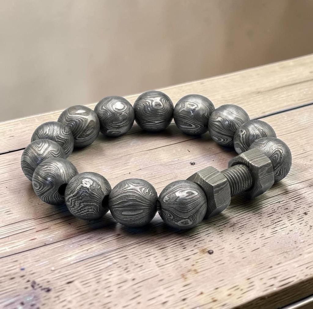 Damascus Steel Beaded Bracelet, Dumbbell Style, 12 mm Beads