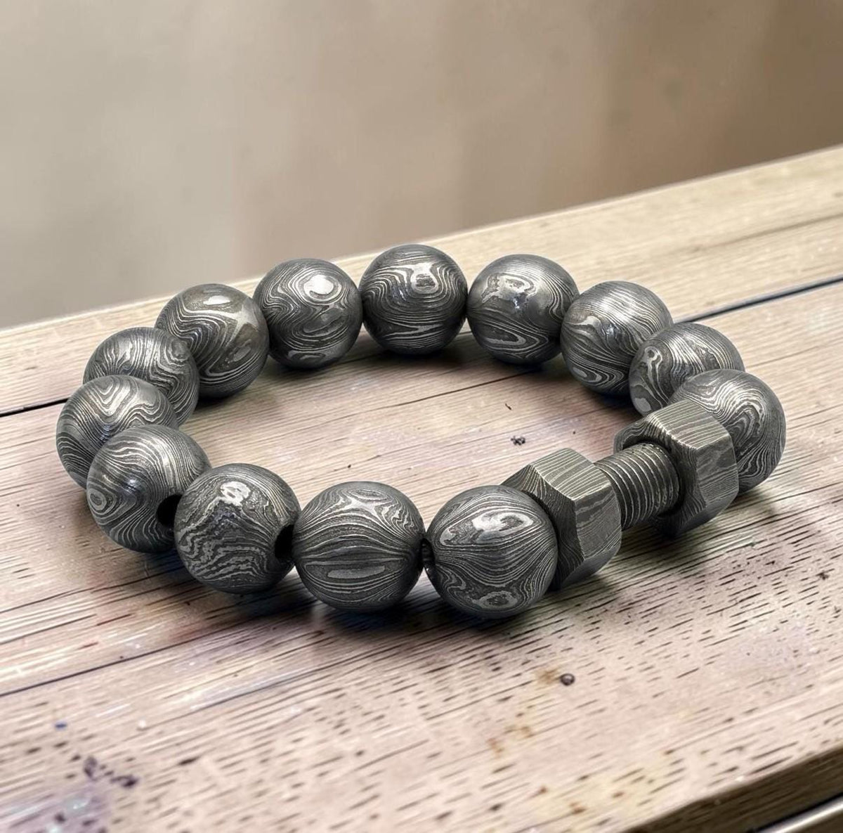 Damascus Steel Beaded Bracelet, Dumbbell Style, 12 mm Beads