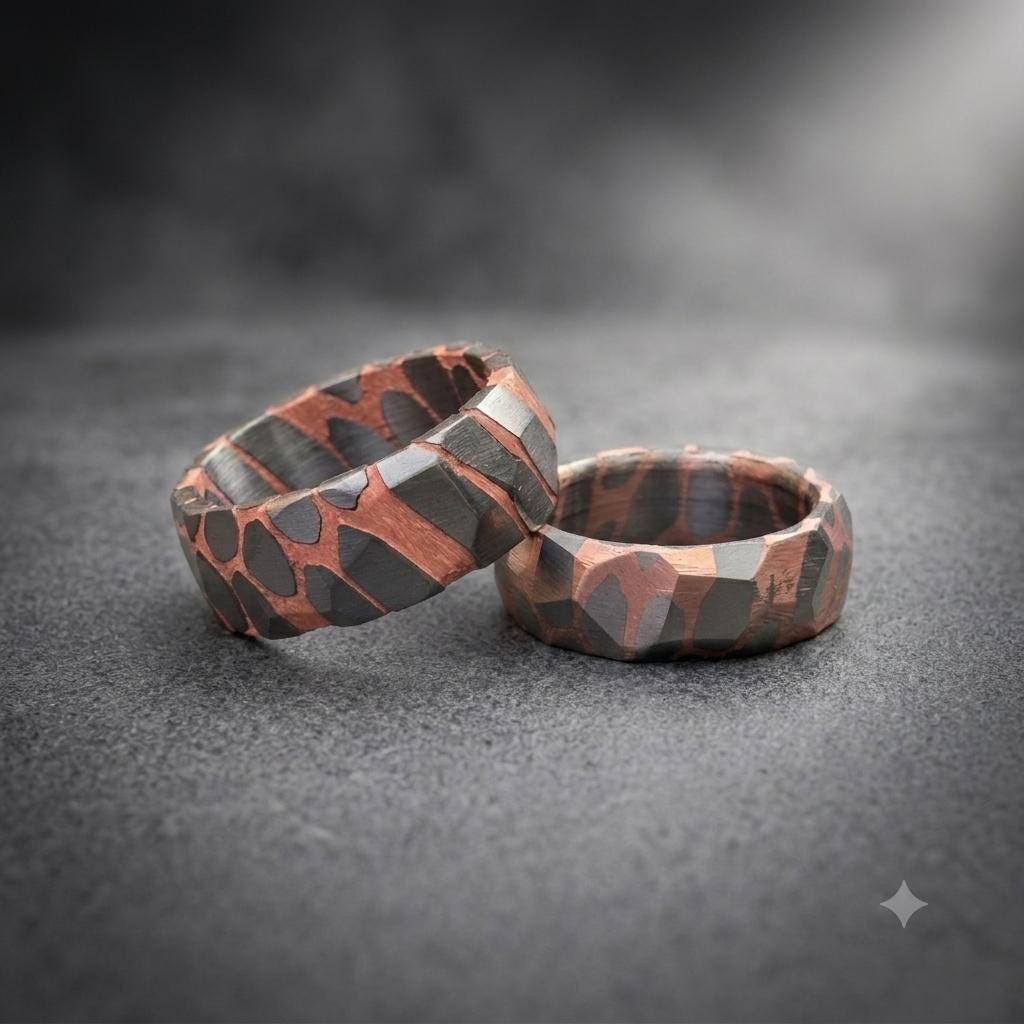 Faceted Superconductor His & Hers Ring Set — Copper Niobium Honeycomb