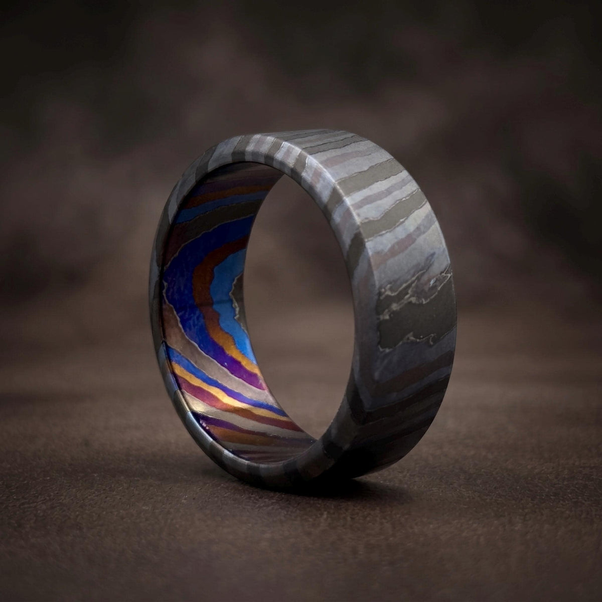 Zircoti Wedding Band — Black Chamfered Mokuti Ring