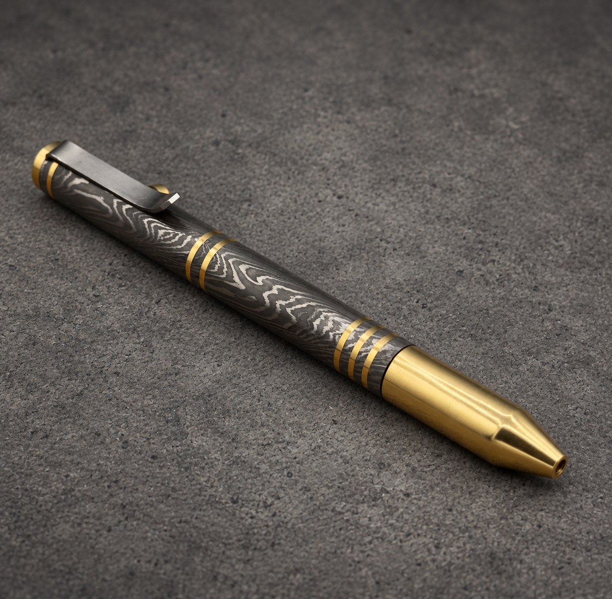 Damascus Steel Bolt Action Pen — Polished Barrel, Brass Tip, view 3