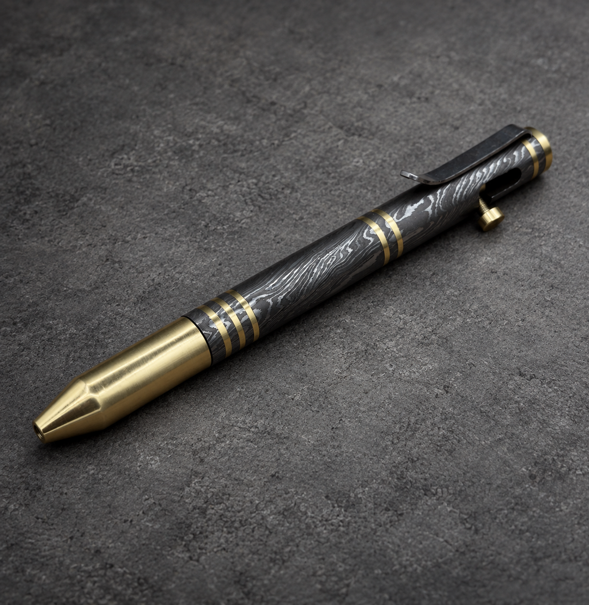 Damascus Steel Bolt Action Pen — Polished Barrel, Brass Tip, view 2