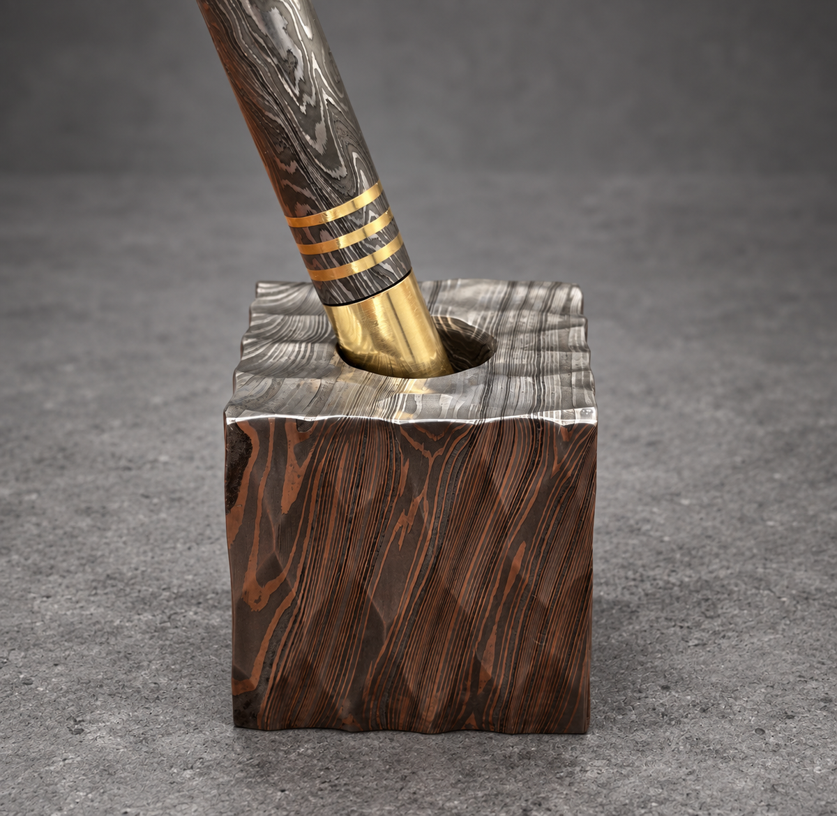Damascus Steel Bolt Action Pen — Polished Barrel, Brass Tip, view 4