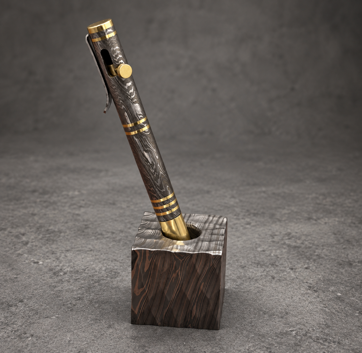 Damascus Steel Bolt Action Pen — Polished Barrel, Brass Tip, view 5