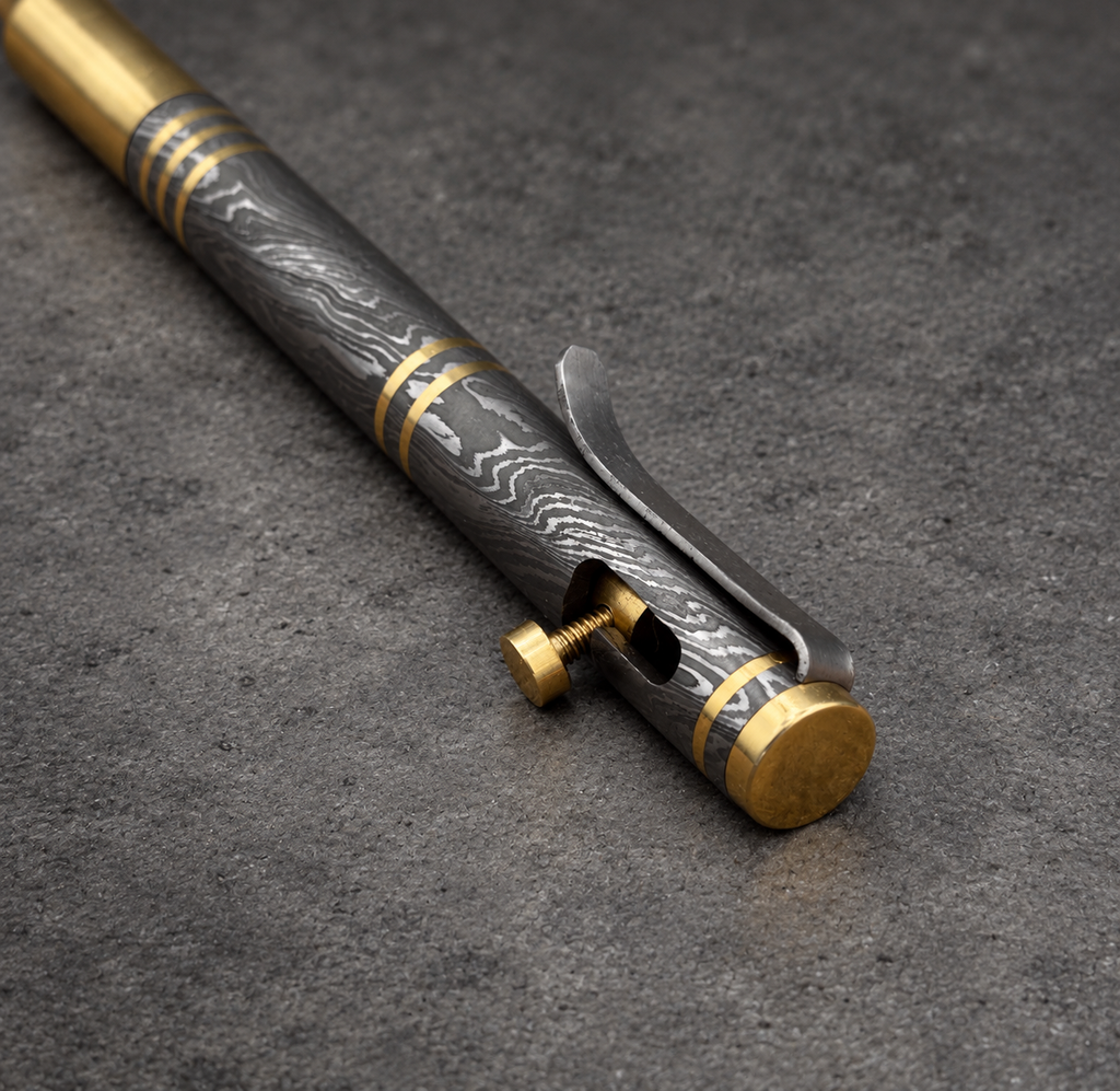 Damascus Steel Bolt Action Pen — Polished Barrel, Brass Tip, view 6