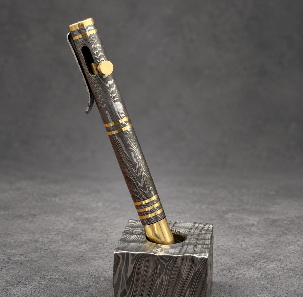 Damascus Steel Bolt Action Pen — Polished Barrel, Brass Tip, view 7