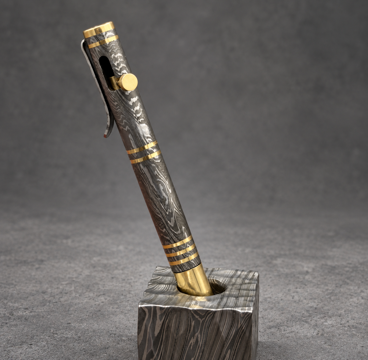 Damascus Steel Bolt Action Pen — Polished Barrel, Brass Tip, view 7
