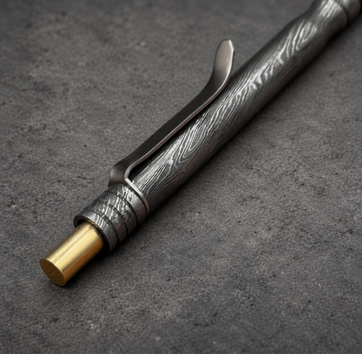 Damascus Steel Ballpoint Pen, Grooved — Brass Tipped, view 2