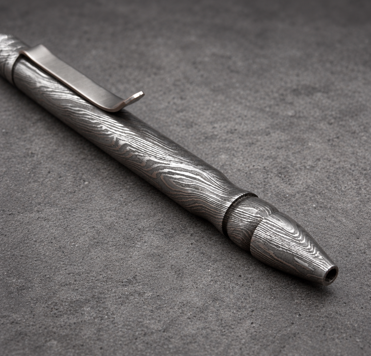 Damascus Steel Ballpoint Pen, Grooved — Brass Tipped, view 3
