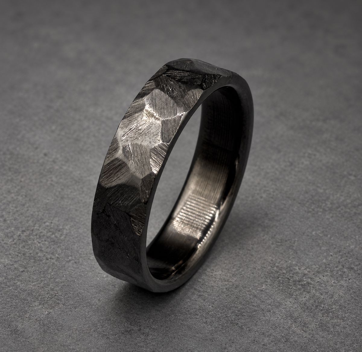 Zirconium Wedding Band — Black Hammered Finish