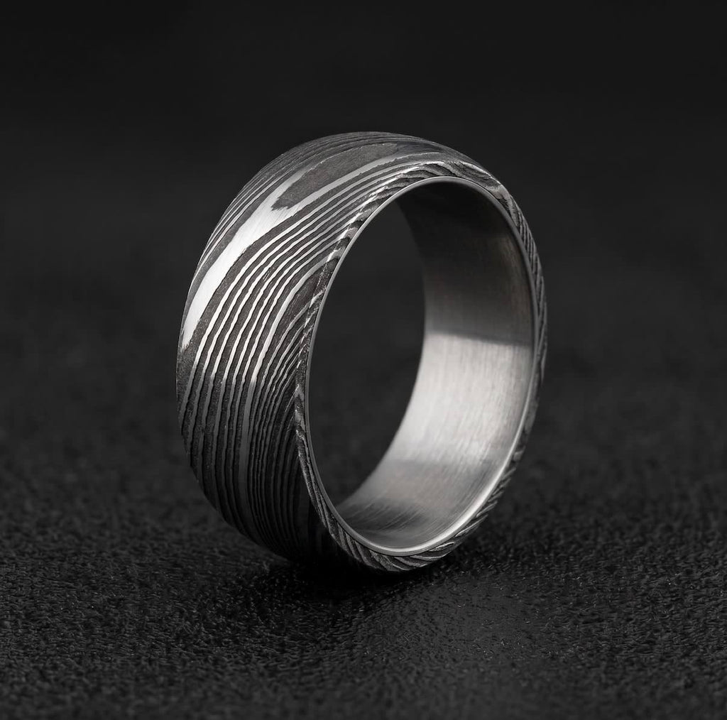 Damascus Steel Wedding Band with Titanium Inlay