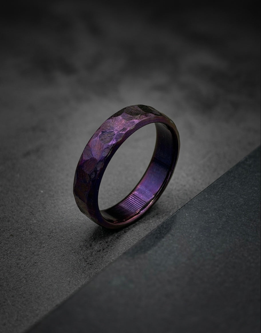 Purple Titanium Wedding Band — Hammered Texture