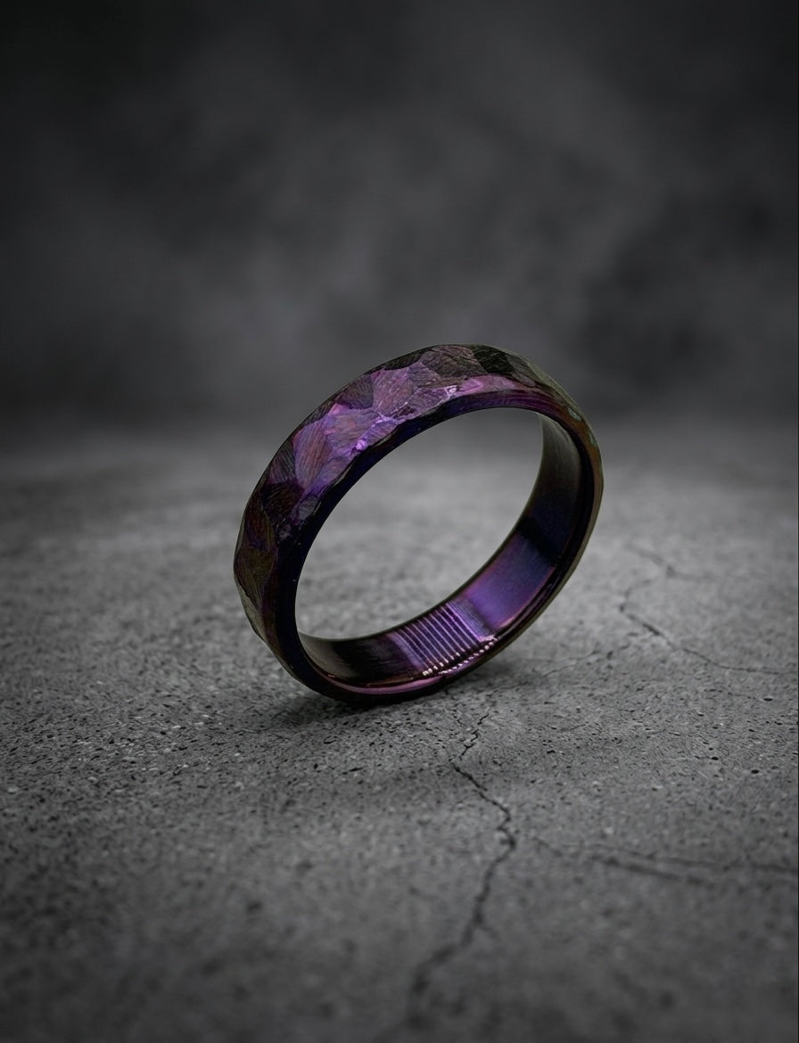 Purple Titanium Wedding Band — Hammered Texture